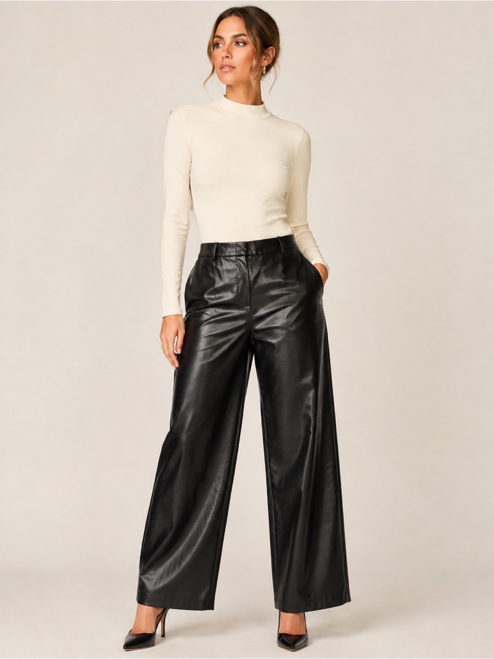 FRNCH Cherry Black Wide Leg Faux Leather Pants SZ Large